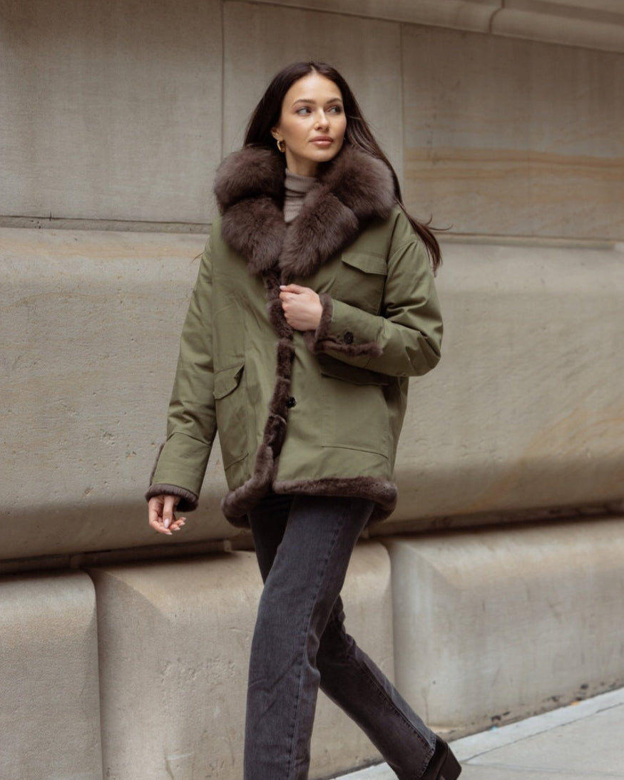 Reversible Water Proof Cotton to Fox Coat in Army