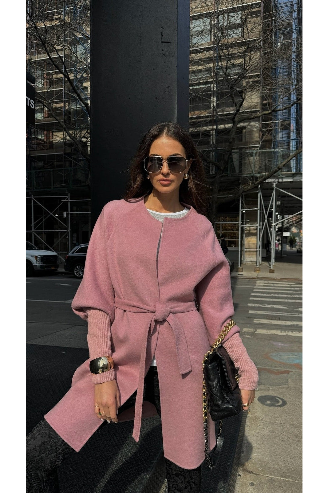 Wool Ribbed Cuff Sleeve Coat in Lilas