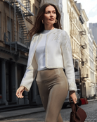 Embroidered Cropped Wool Jacket in Ivory